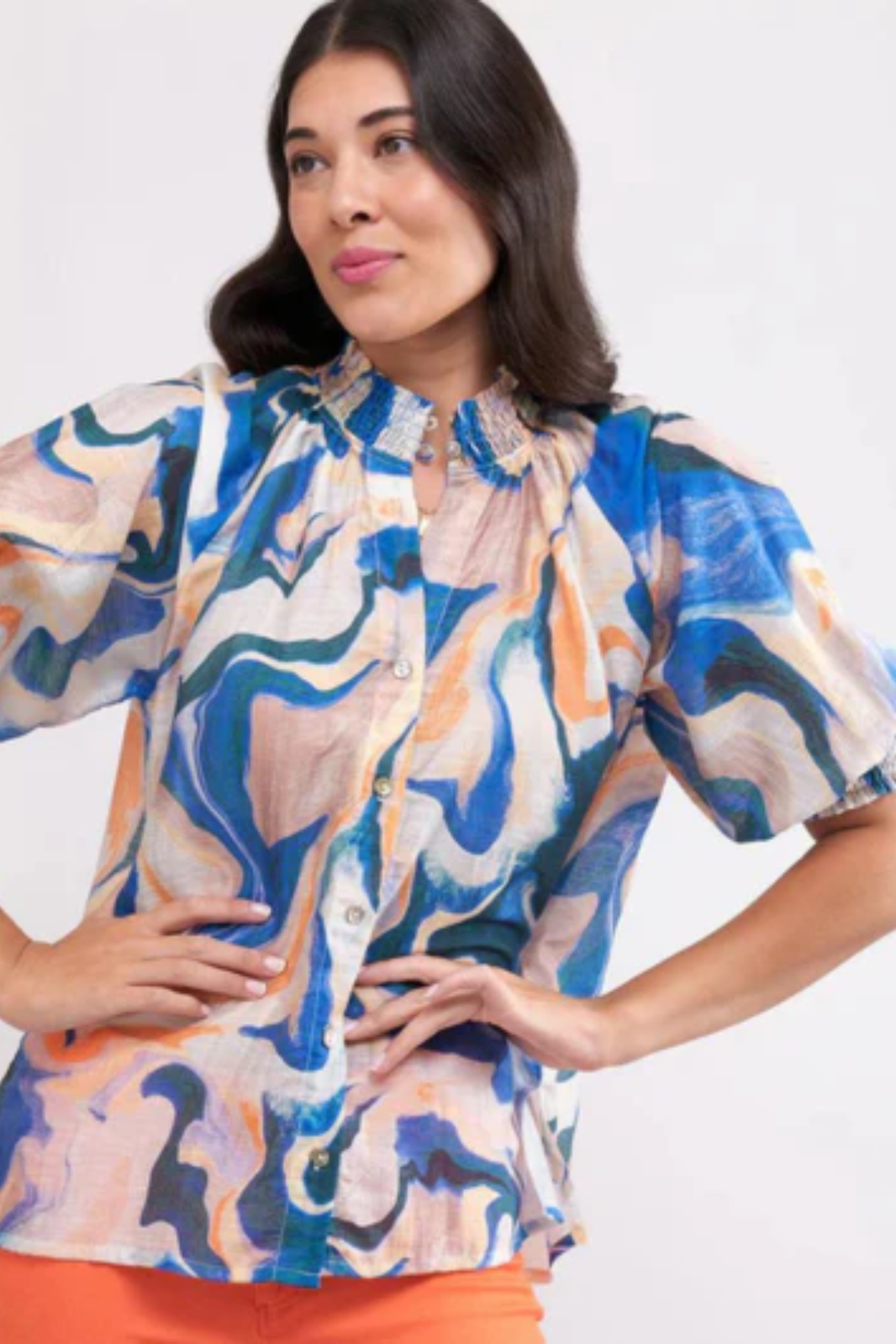 Foil Shirr Bliss Top Printed Marbles-White finn