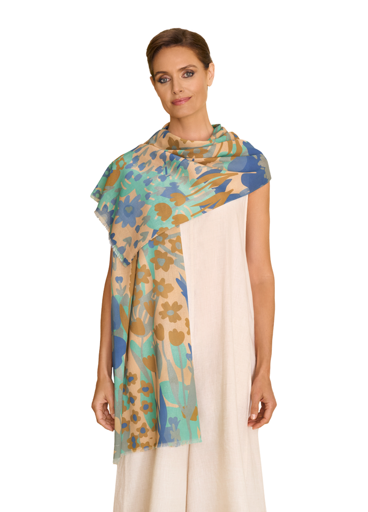 Powder Cotton Scarf - Springtime Floral-Denim
