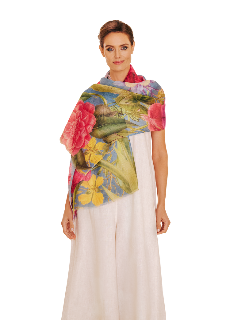 Powder Linen/Cotton Scarf - Floral Study - Denim