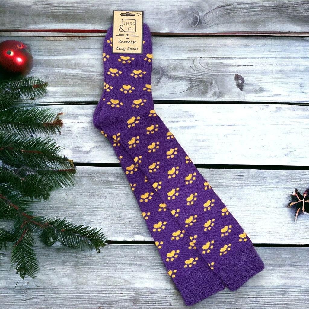 Playful Paws Purple Super Cosy Knee High Socks-White finn