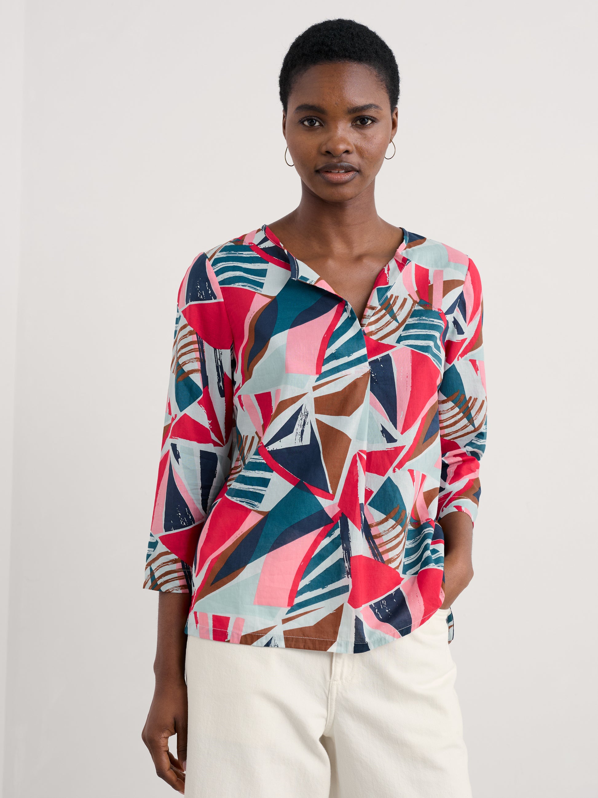 Seasalt Watercolor Sketch 3/4 Sleeve cotton Top-White finn