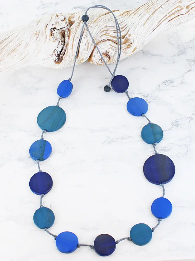 Suzie Blue FB6402 Long Wooden Disc Necklace