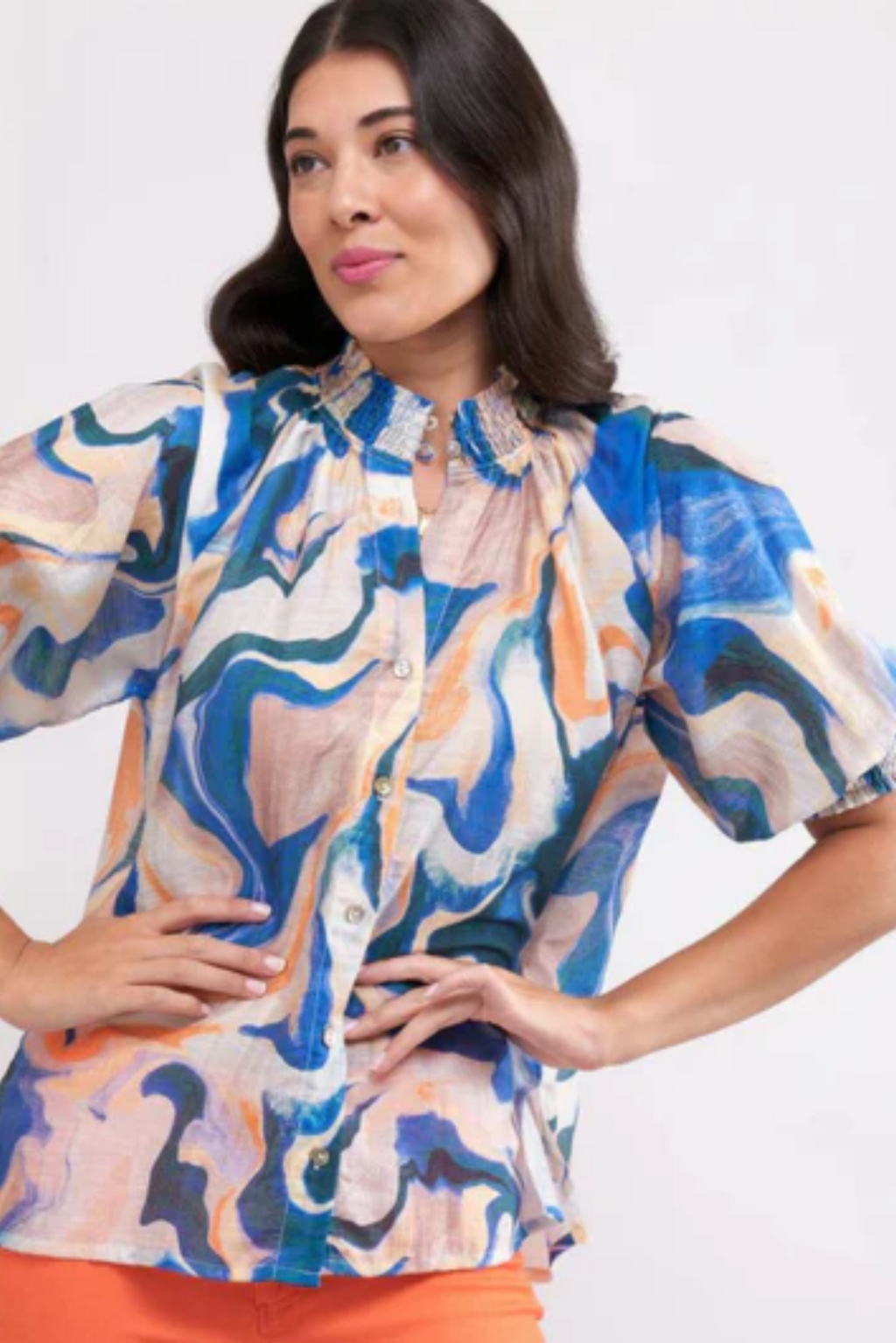 Foil Shirr Bliss Top Printed Marbles-White finn