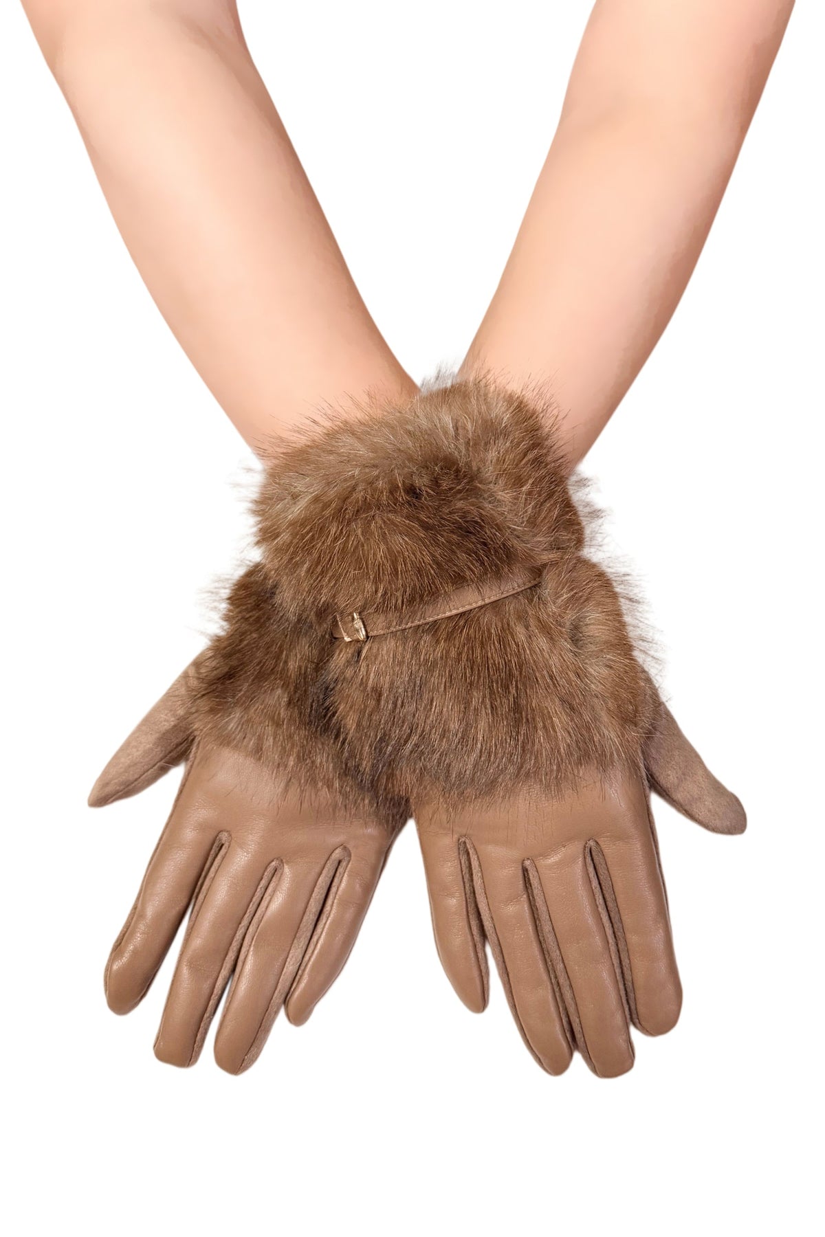 Faux Fur Cuff Faux Fur Leather Gloves with Buckle Detail 8758