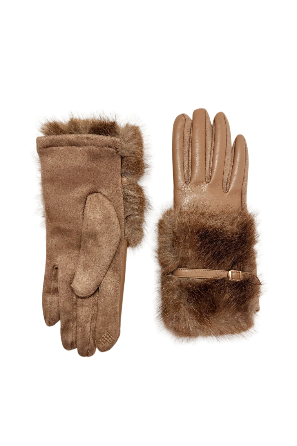 Faux Fur Cuff Faux Fur Leather Gloves with Buckle Detail 8758