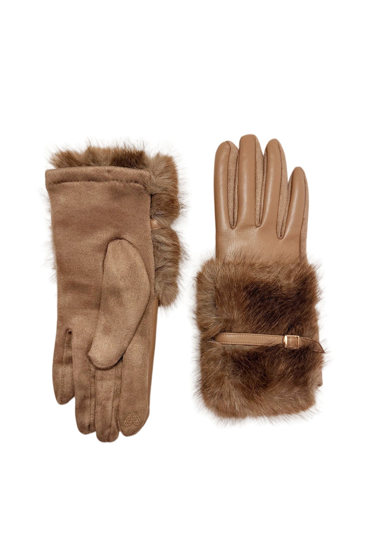 Faux Fur Cuff Faux Fur Leather Gloves with Buckle Detail 8758