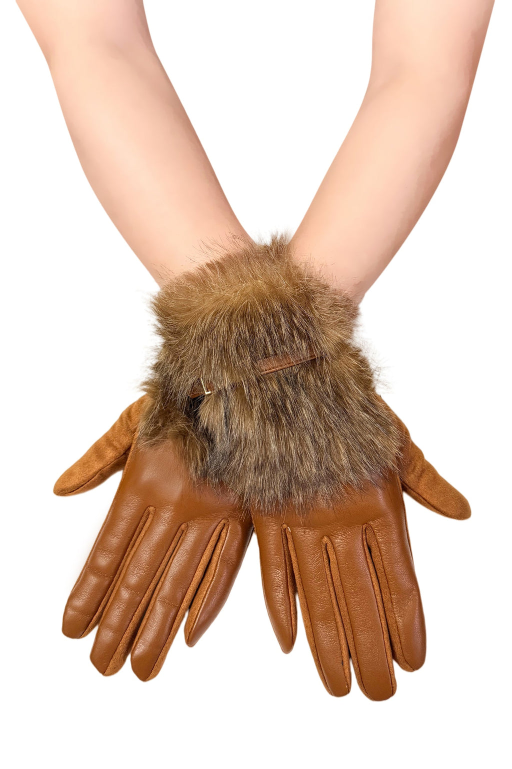 Faux Fur Cuff Faux Fur Leather Gloves with Buckle Detail 8758