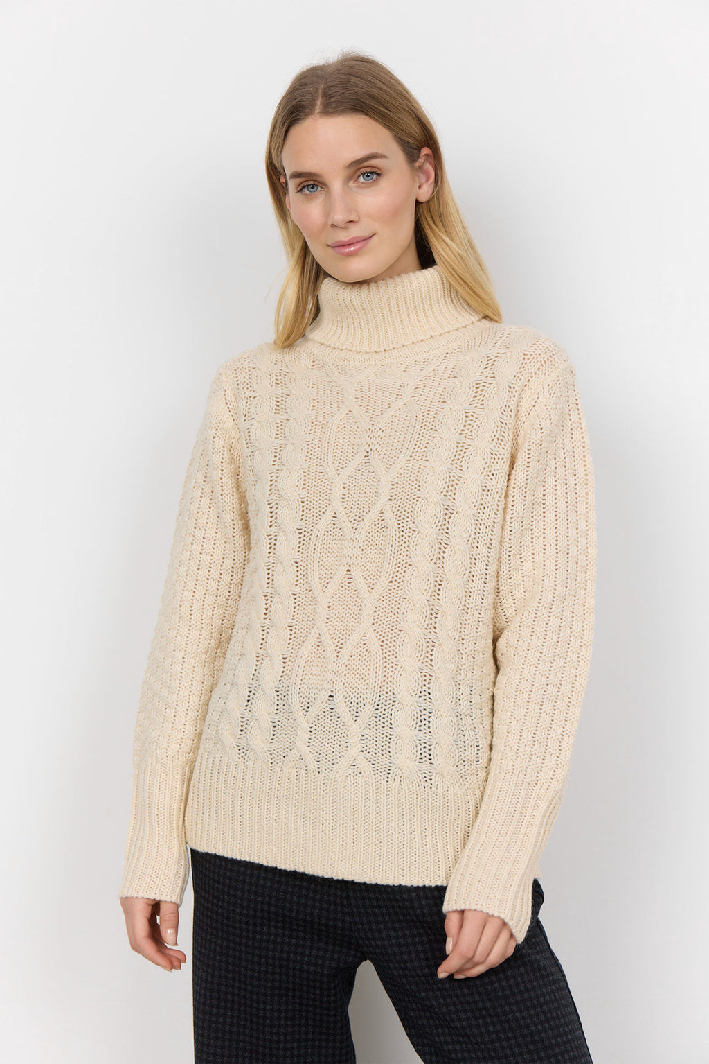 Soya Concept Ibbe 2 Roll Neck Cable Jumper-Knitwear-White finn