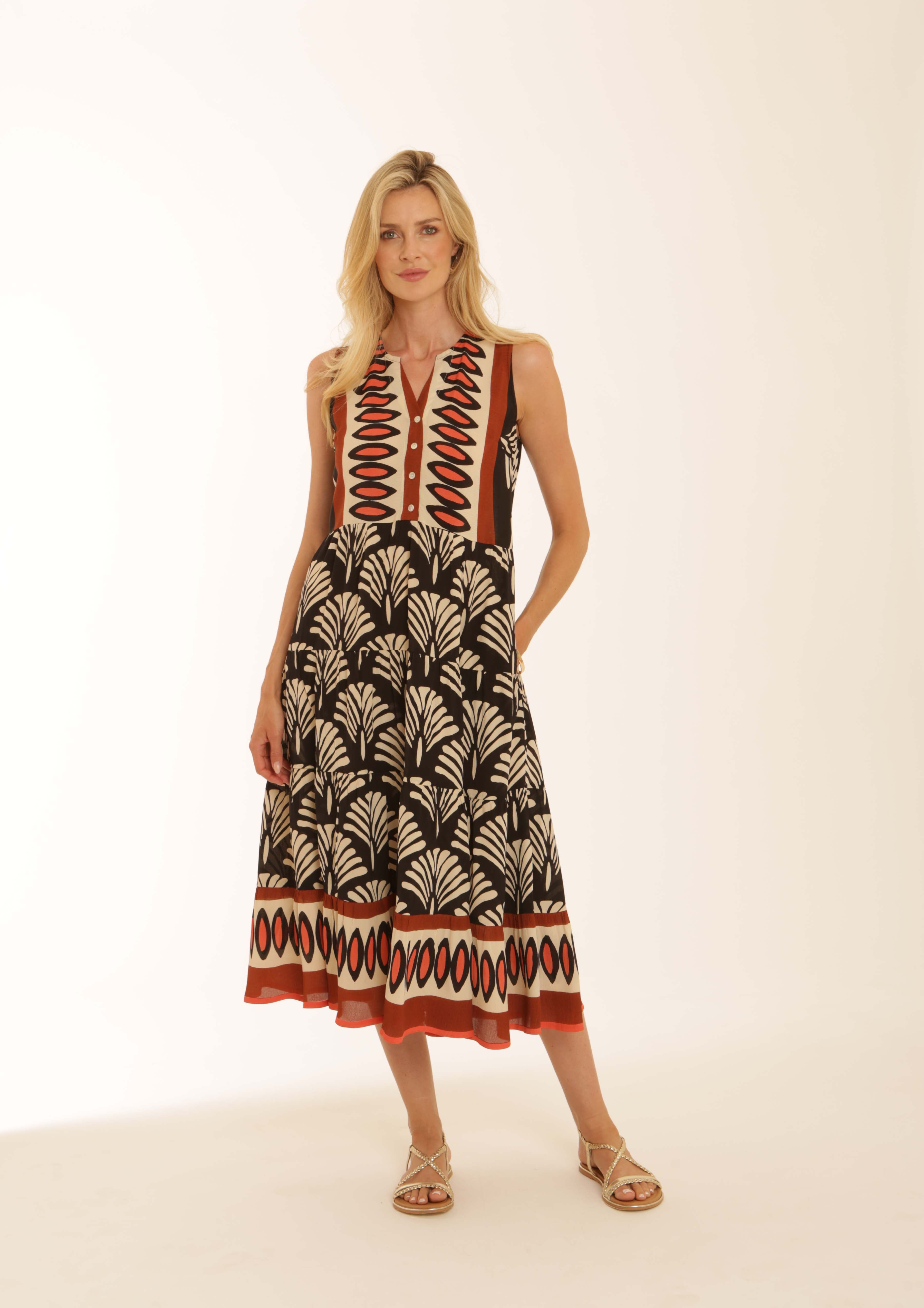 Pomodoro Fan Border Holiday Dress-Pomodoro-White finn