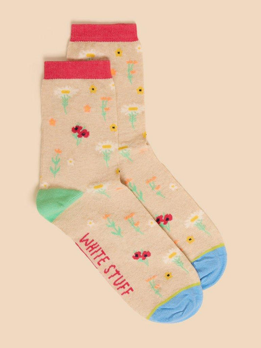 White Stuff Daisy Ankle Sock In Natural Multi