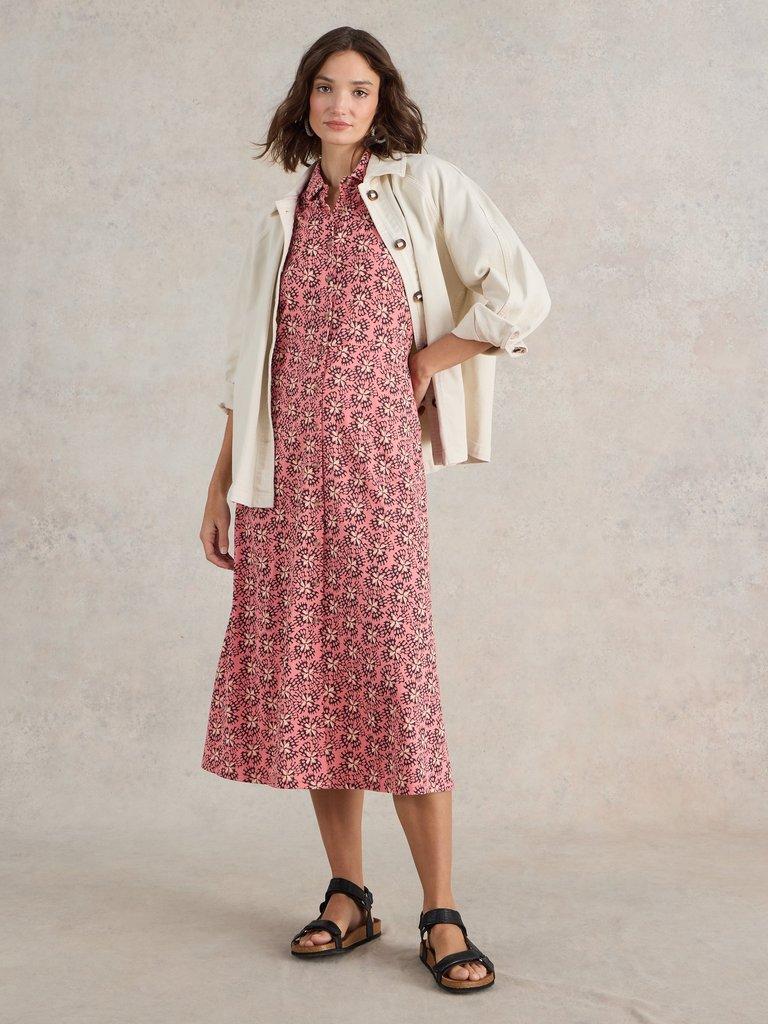 White Stuff Rua Jersey Shirt Midi Dress in Pink print