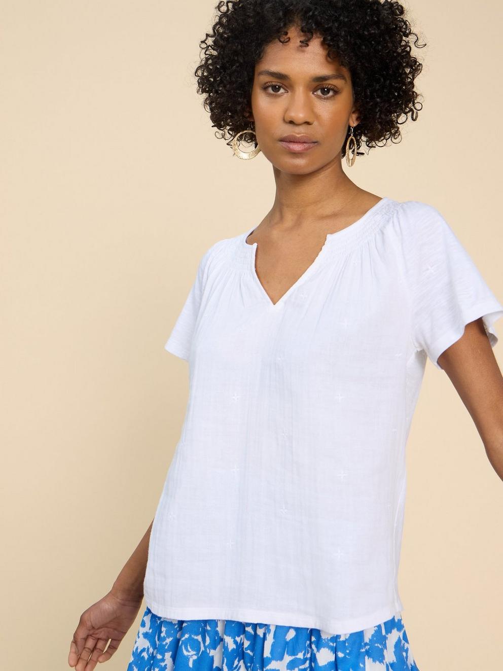 White Stuff Luella Notch Neck Emb Top-White finn