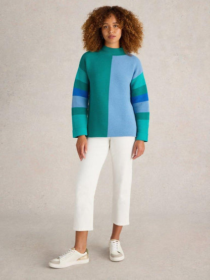 White Stuff Jana High Neck Jumper Teal Multi