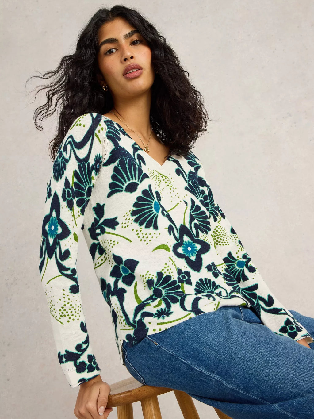 White Stuff Naria Print Jumper-White finn