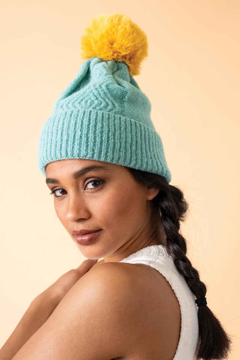 Ingrid Bobble Hat - Aqua/Mustard