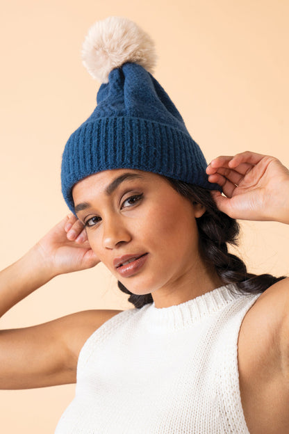 Ingrid Bobble Hat - Navy/Mist