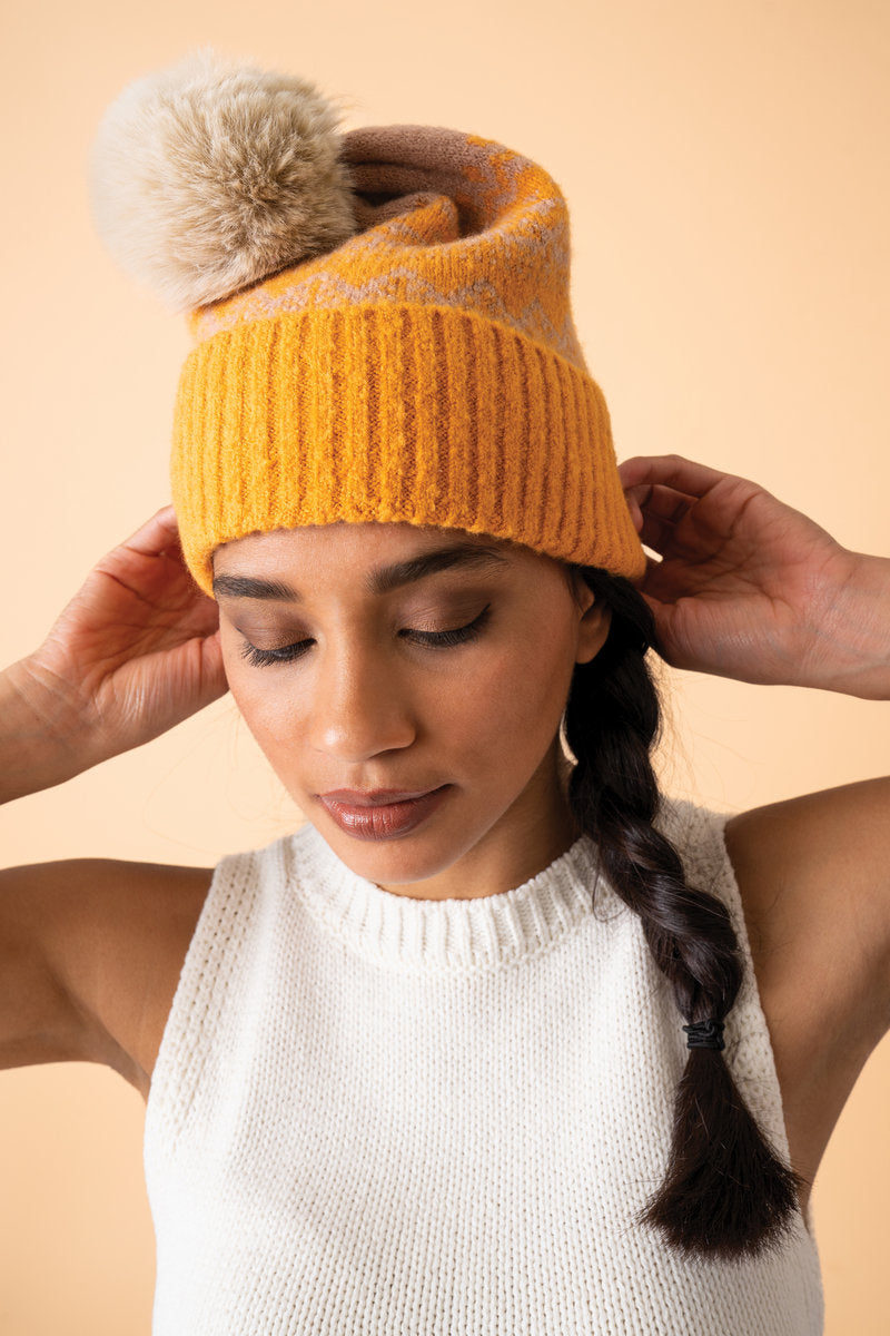 Thora Bobble Hat - Mustard/Taupe