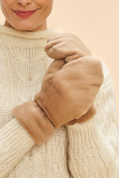 Fluffy Teddy Mittens Taupe