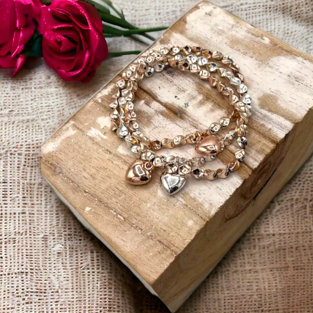 Triple Strand Elasticated Bracelet with Drop Hearts-Bracelet-White finn