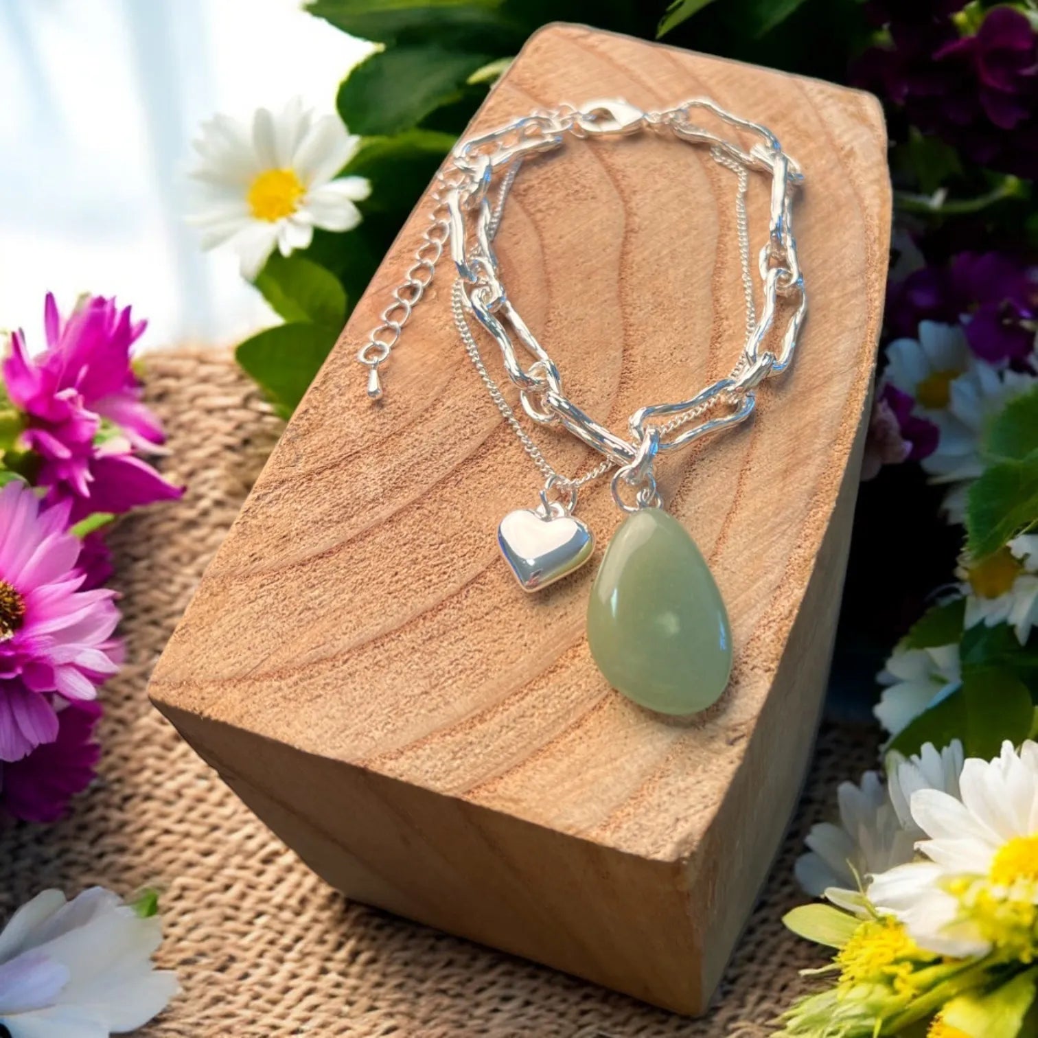 Jess and Lou Layered Bracelet Silver with Emerald in coloured stone-Bracelet-White finn