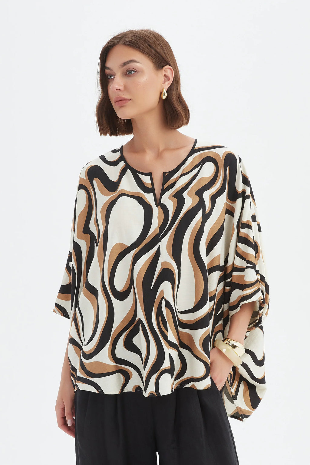 Tirelli Notch Neck Print Top - Caramel-Tirelli-White finn