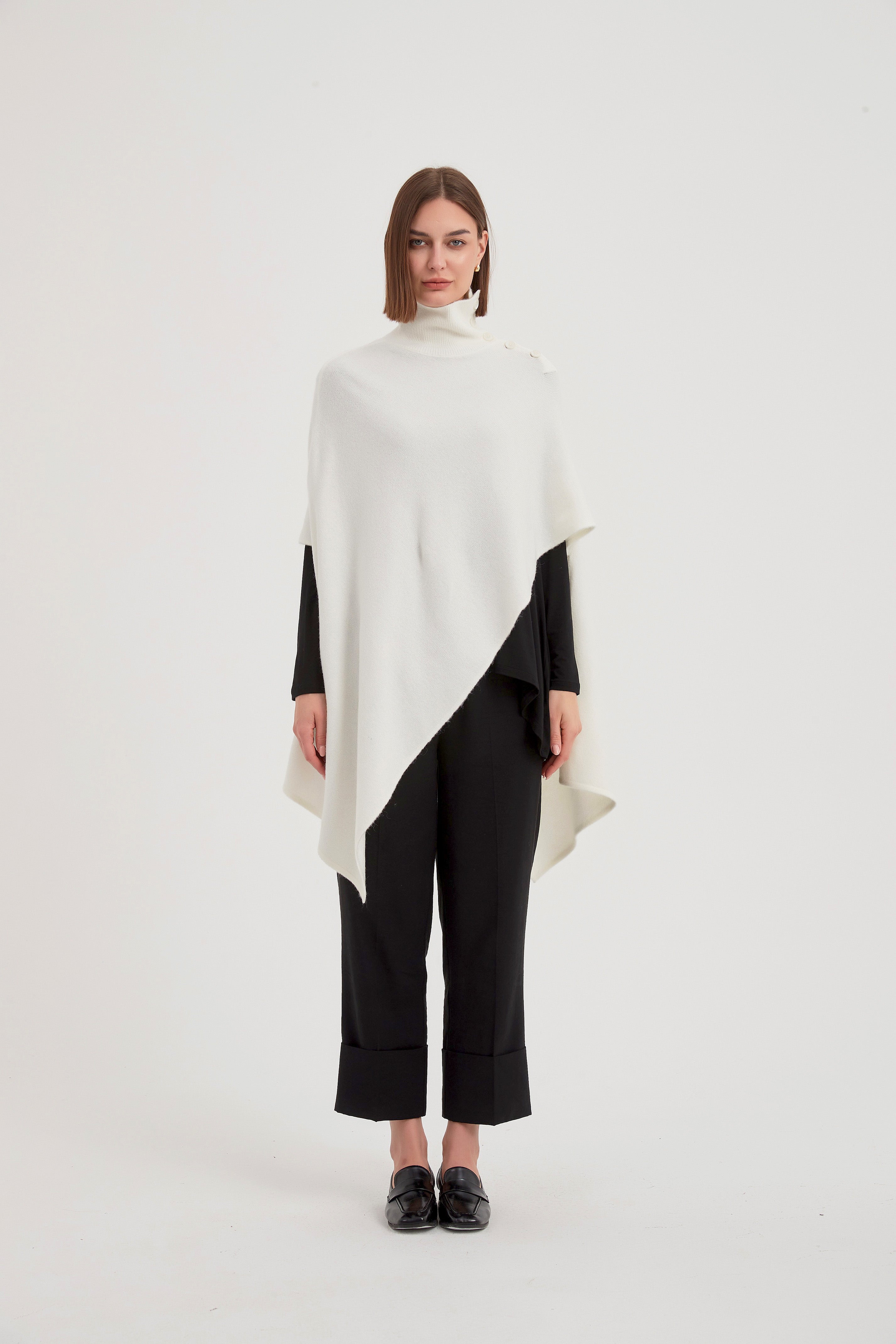 Tirelli Button Detail Asymmetric Poncho-Tops-White finn