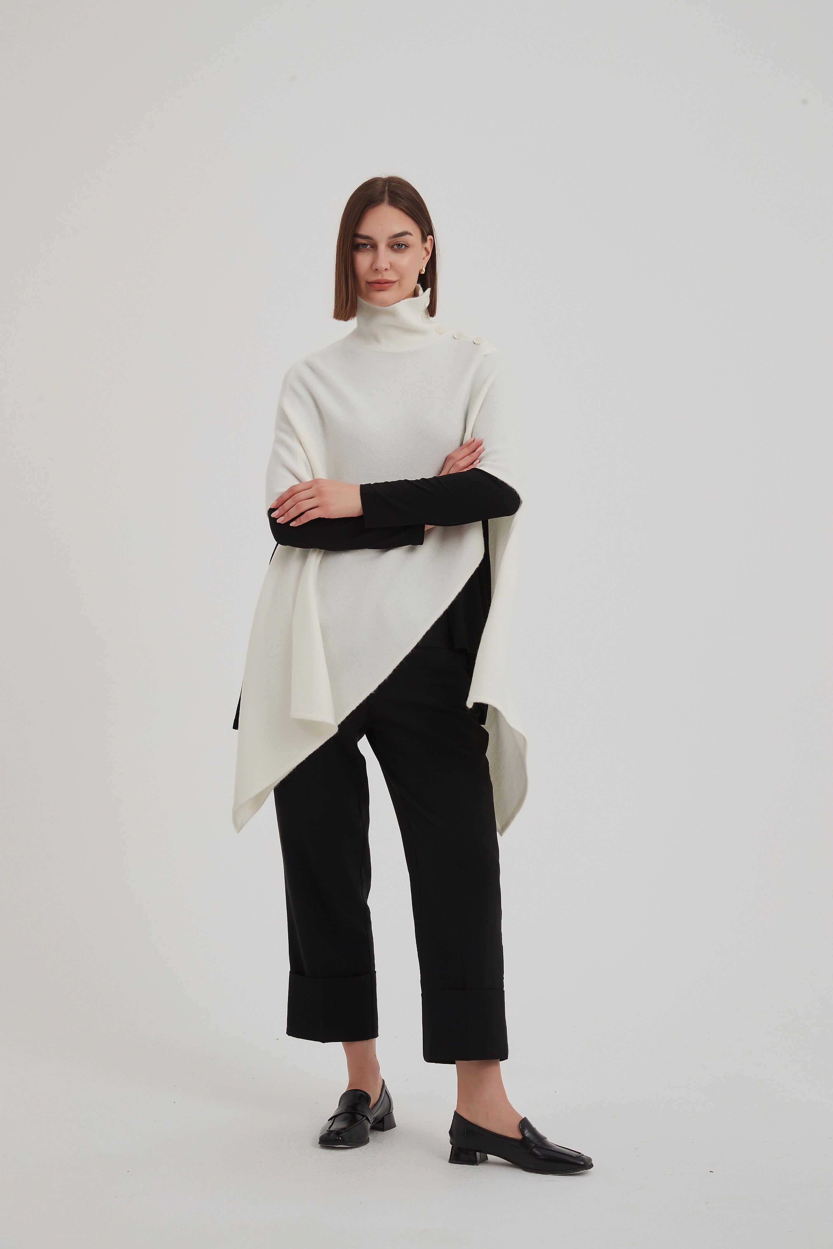 Tirelli Button Detail Asymmetric Poncho-Tops-White finn
