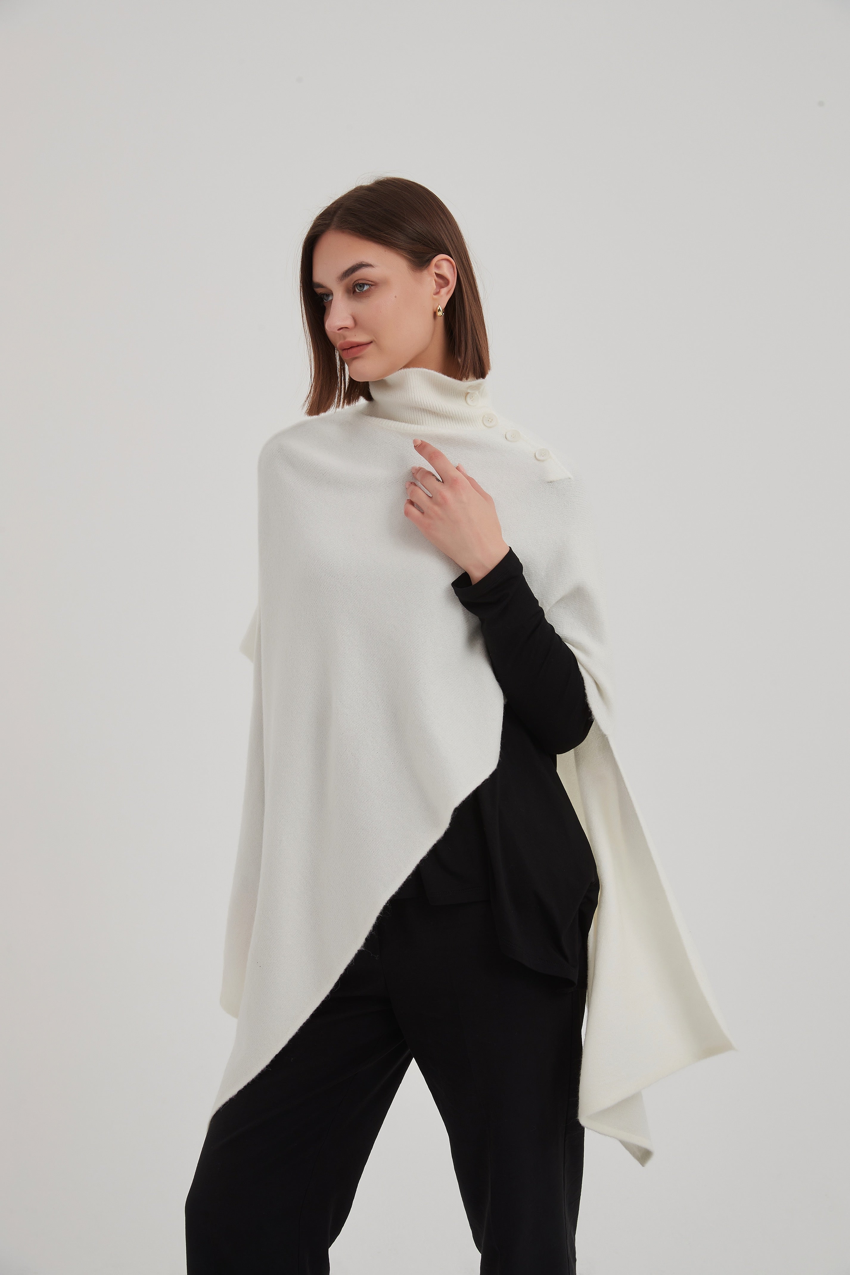 Tirelli Button Detail Asymmetric Poncho-Tops-White finn