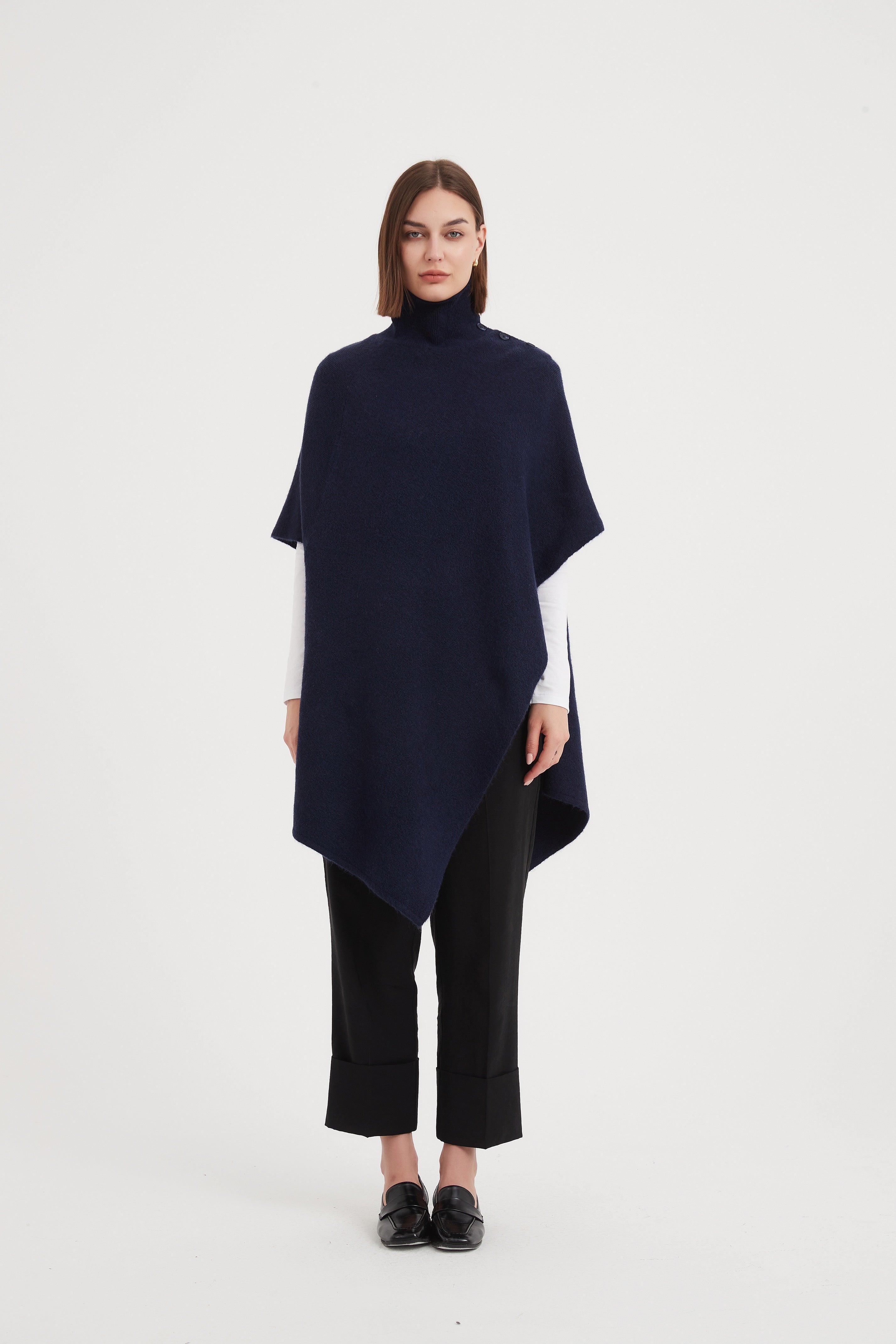 Tirelli Button Detail Asymmetric Poncho-Tops-White finn
