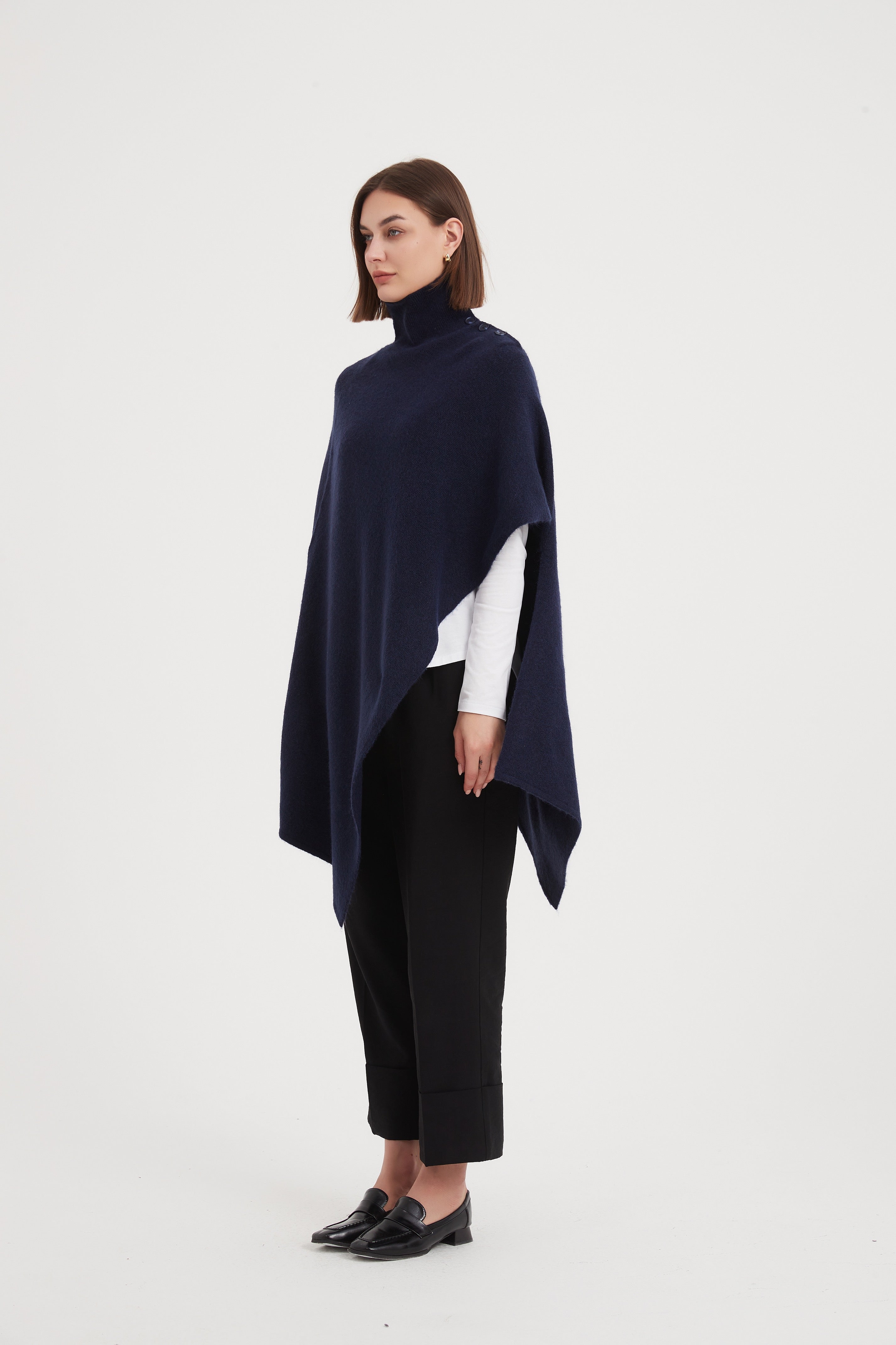 Tirelli Button Detail Asymmetric Poncho-Tops-White finn