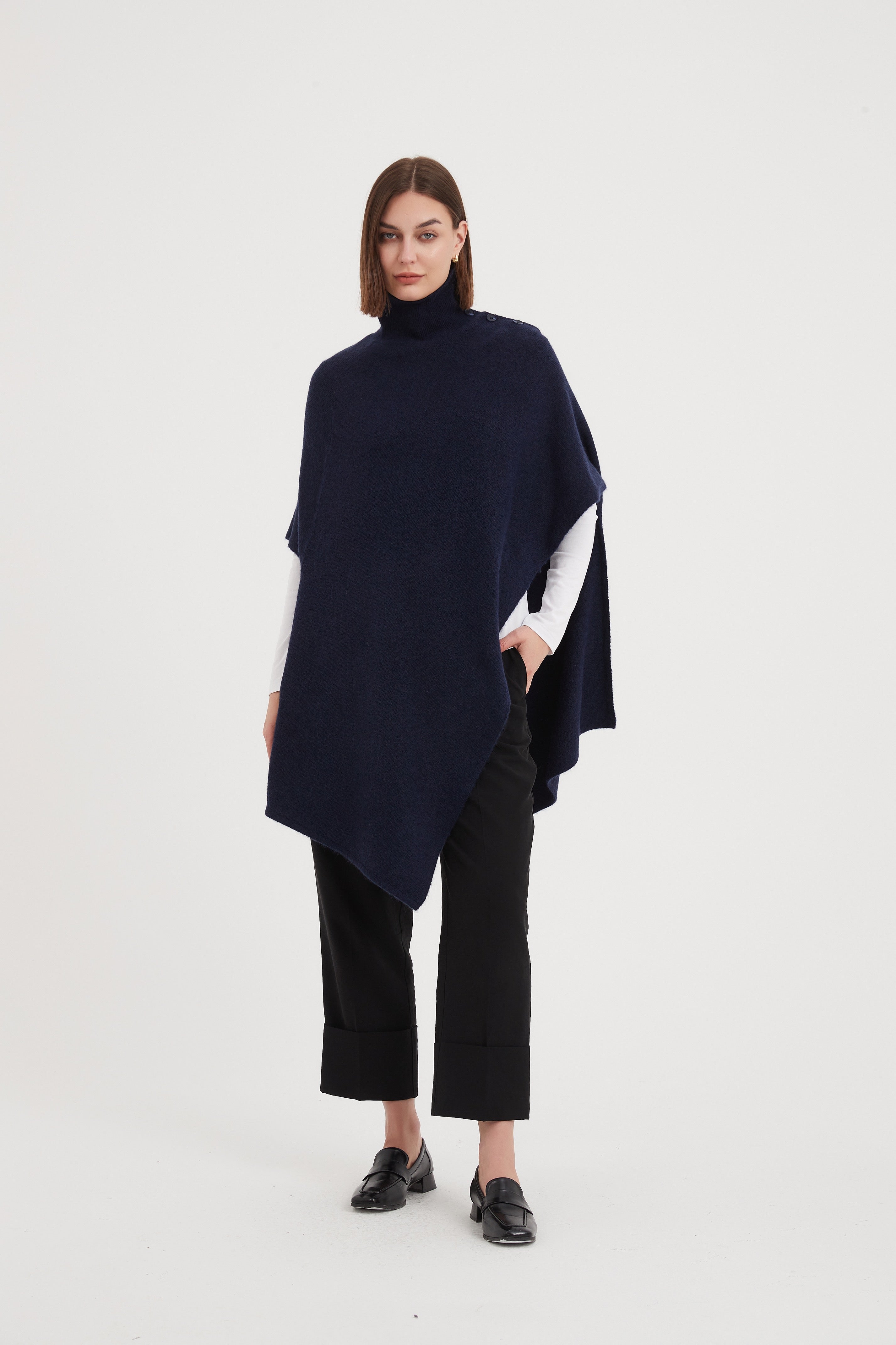 Tirelli Button Detail Asymmetric Poncho-Tops-White finn
