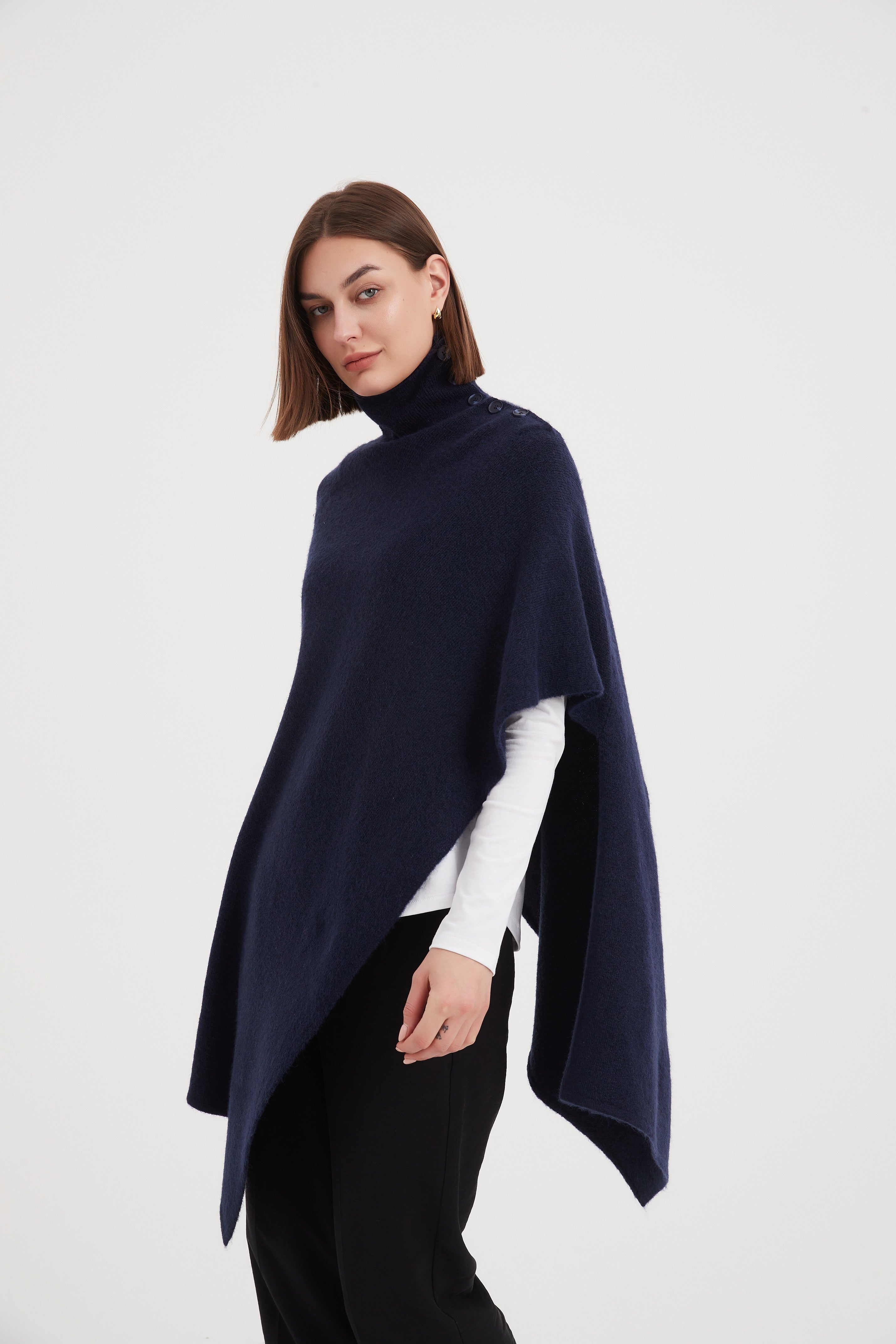 Tirelli Button Detail Asymmetric Poncho-Tops-White finn