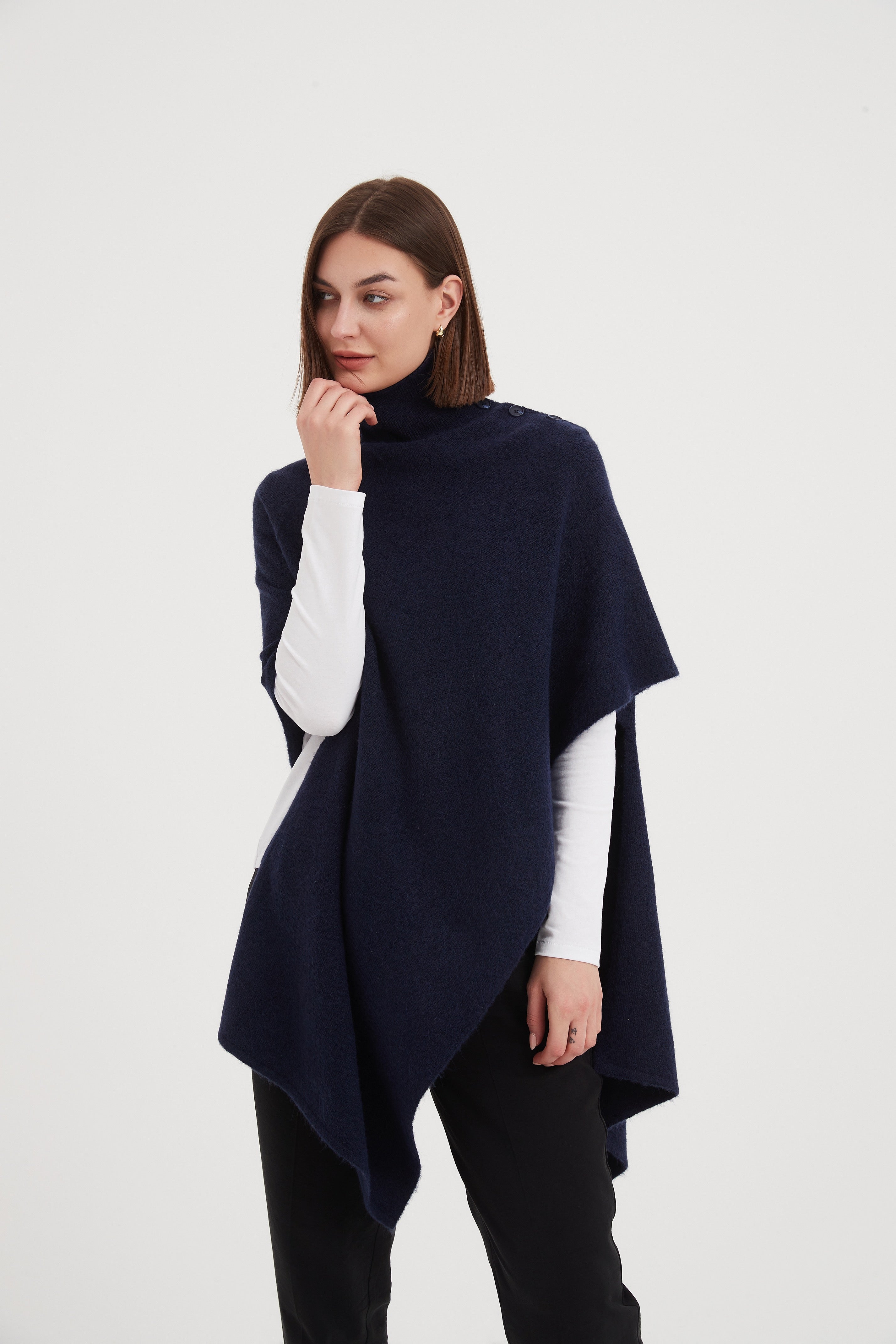 Tirelli Button Detail Asymmetric Poncho-Tops-White finn