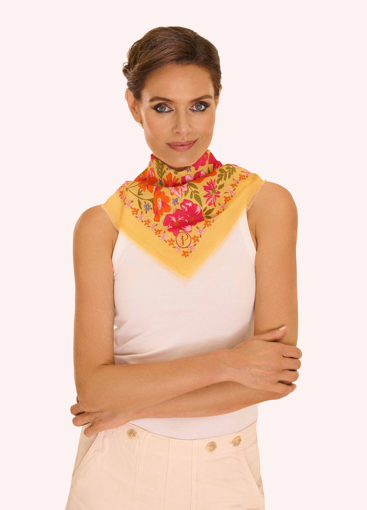 Powder Cotton Bandana - Sketched Florals - Mustard-Scarf-White finn