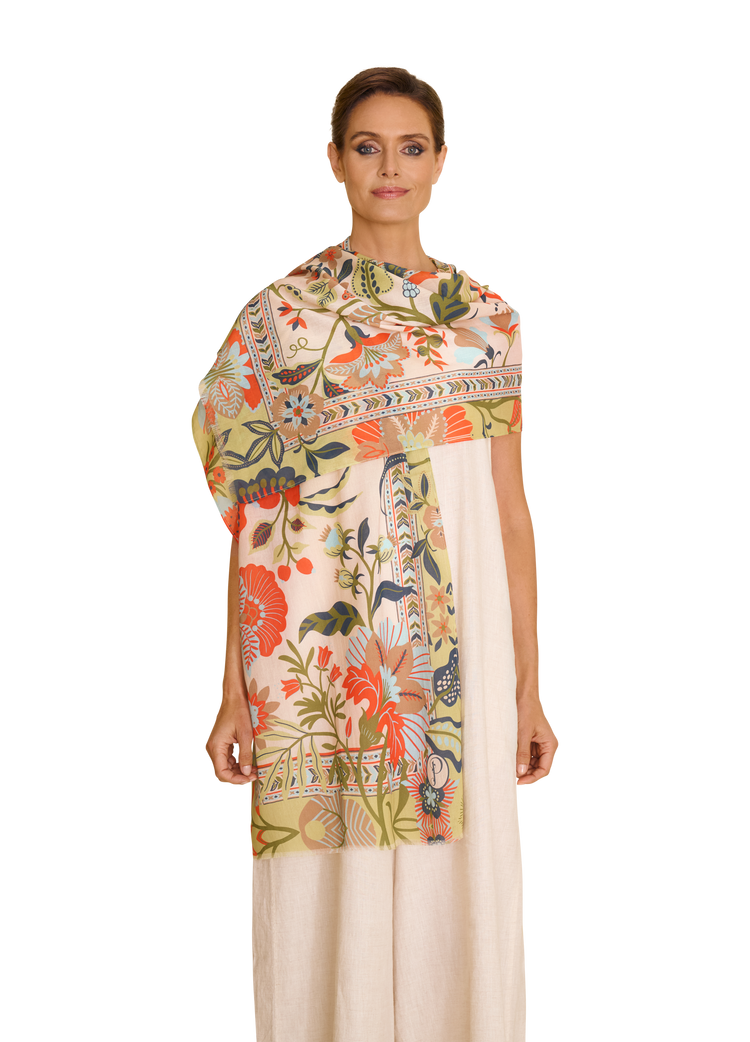 Powder Cotton Scarf - Folky Floral - Coconut-White finn