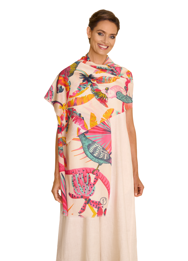 Powder Cotton Scarf - Tropical Paradise-Scarf-White finn