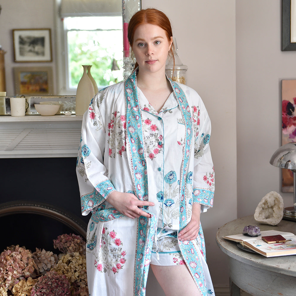 Blue and Pink Floral Block Print Dressing Gown-Pajamas-White finn