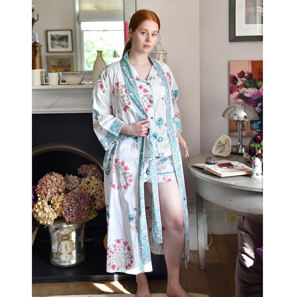 Blue and Pink Floral Block Print Dressing Gown-Pajamas-White finn