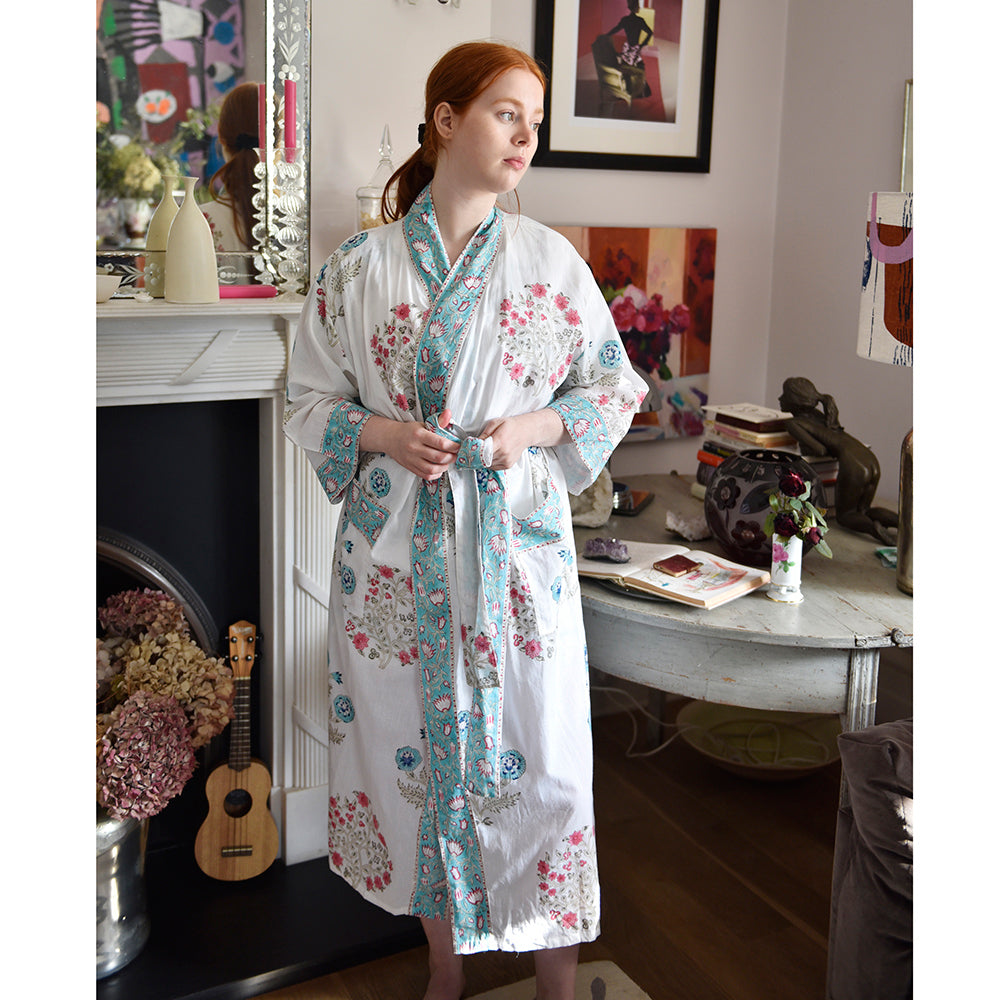 Blue and Pink Floral Block Print Dressing Gown-Pajamas-White finn