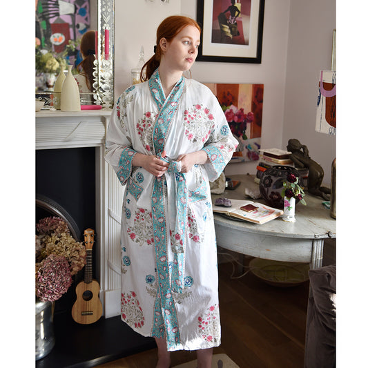 Blue and Pink Floral Block Print Dressing Gown