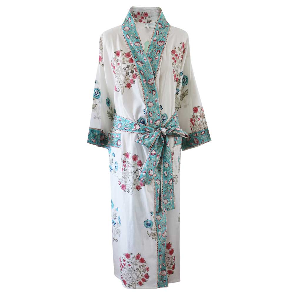 Blue and Pink Floral Block Print Dressing Gown-Pajamas-White finn