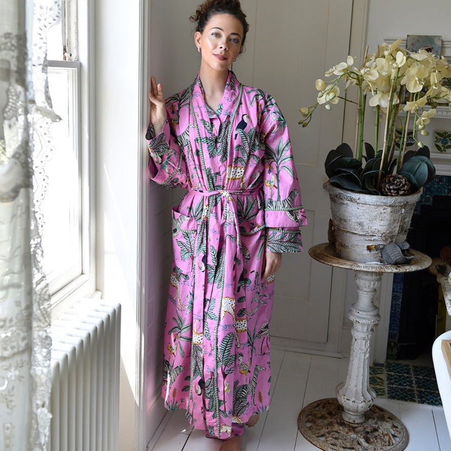Pink Safari Print Dressing Gown-Dressing Gown-White finn