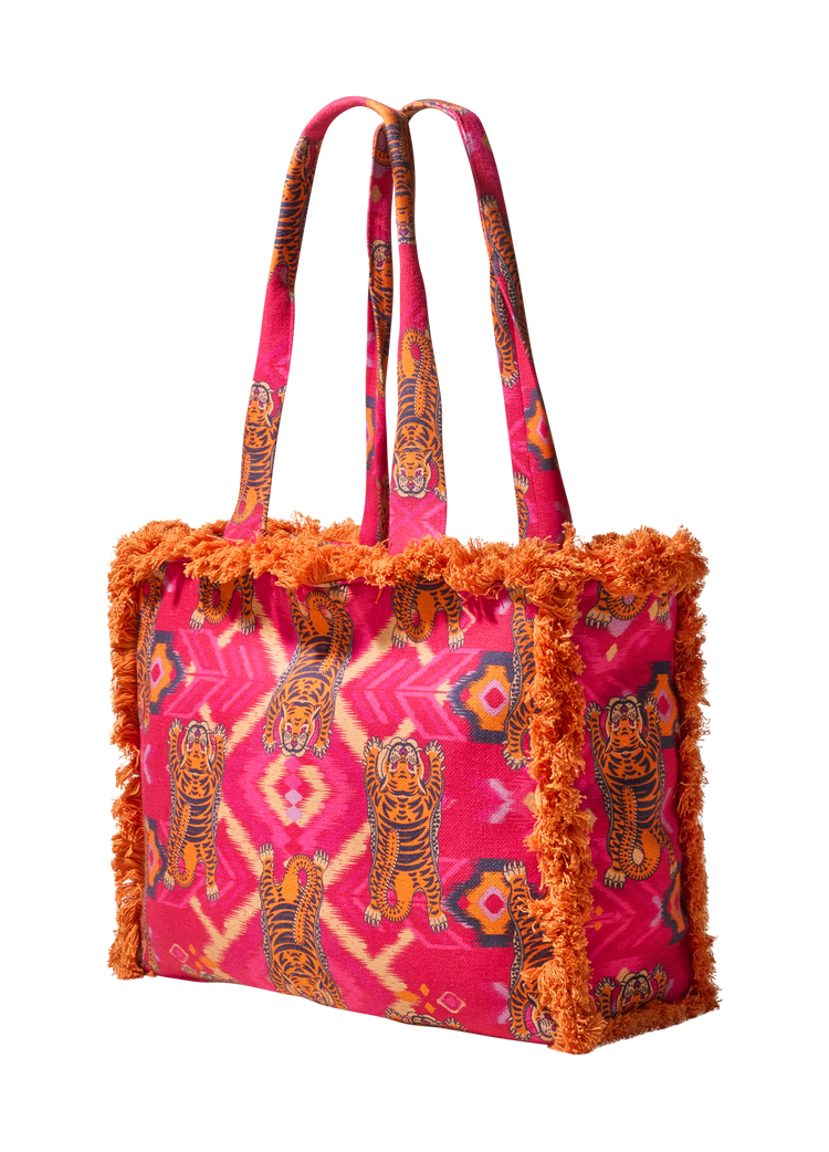 Powder Fringed Box Tote - Ikat Tigers - Fuchsia