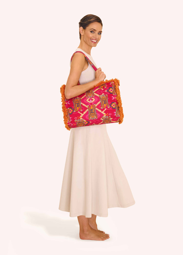 Powder Fringed Box Tote - Ikat Tigers - Fuchsia