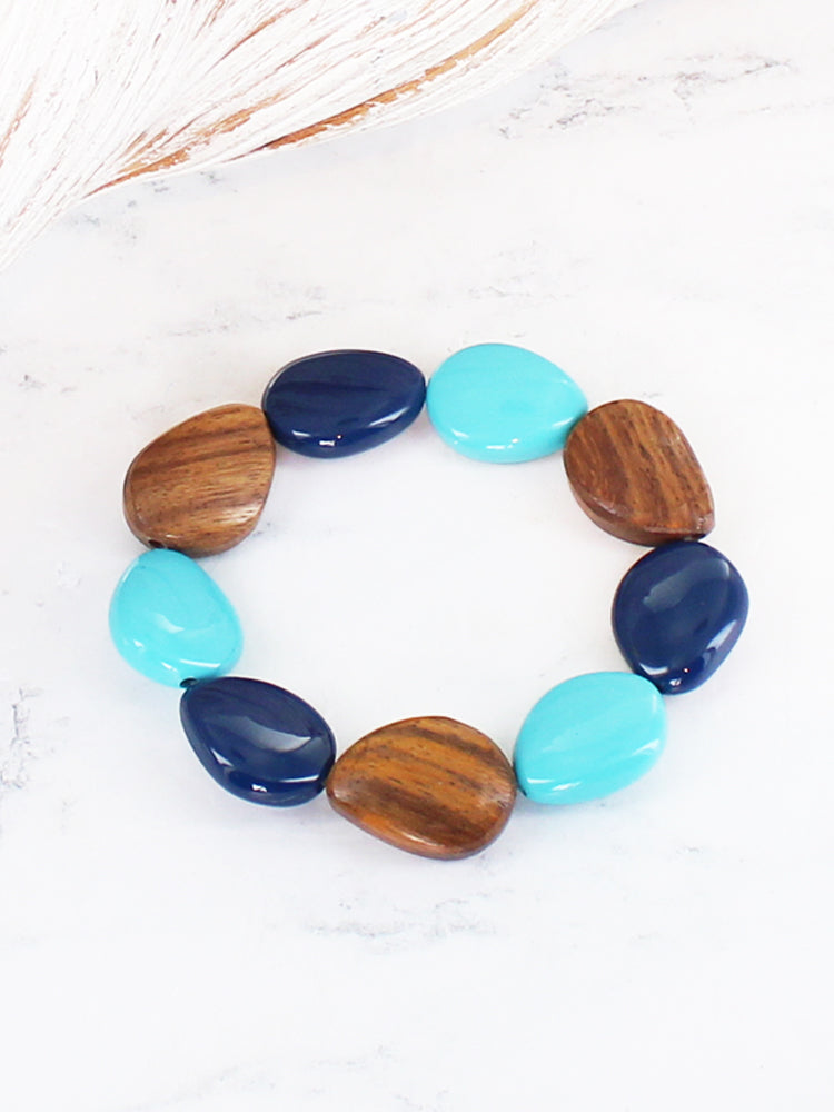 WOOD & RESIN PEBBLE ELASTICATED BRACELET