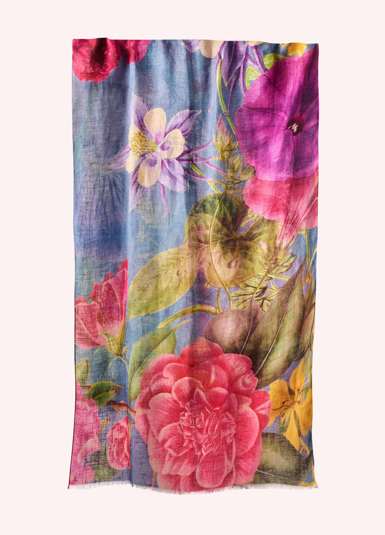 Powder Linen/Cotton Scarf - Floral Study - Denim