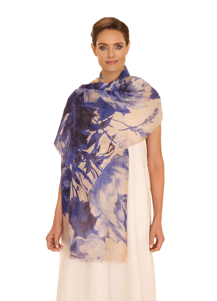 Powder Linen/Cotton Scarf - China Blue Blooms-Scarf-White finn