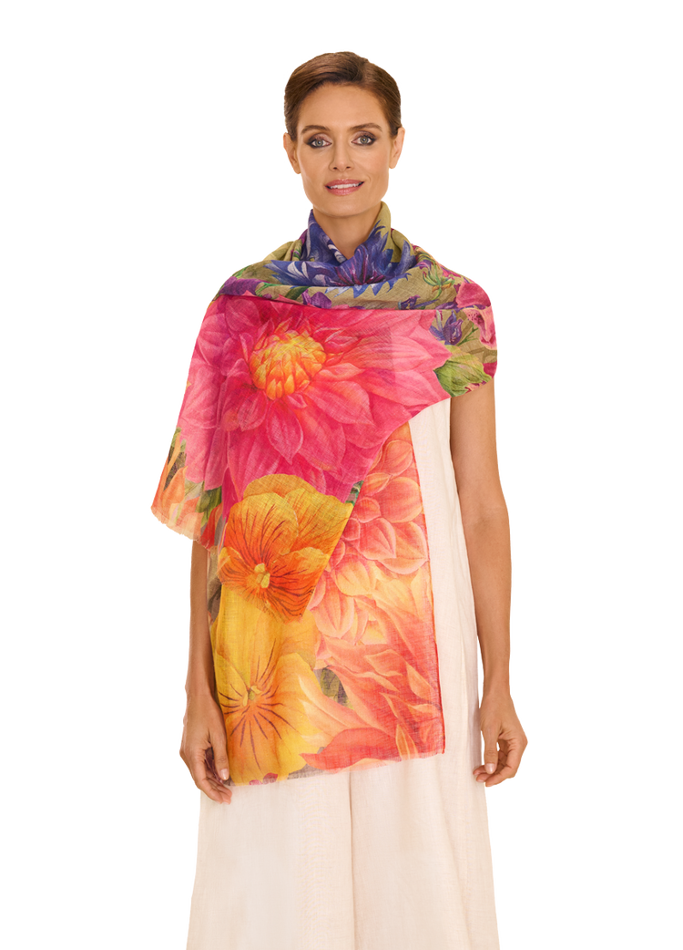 Powder Linen/Cotton Scarf - Bountiful Blooms-White finn
