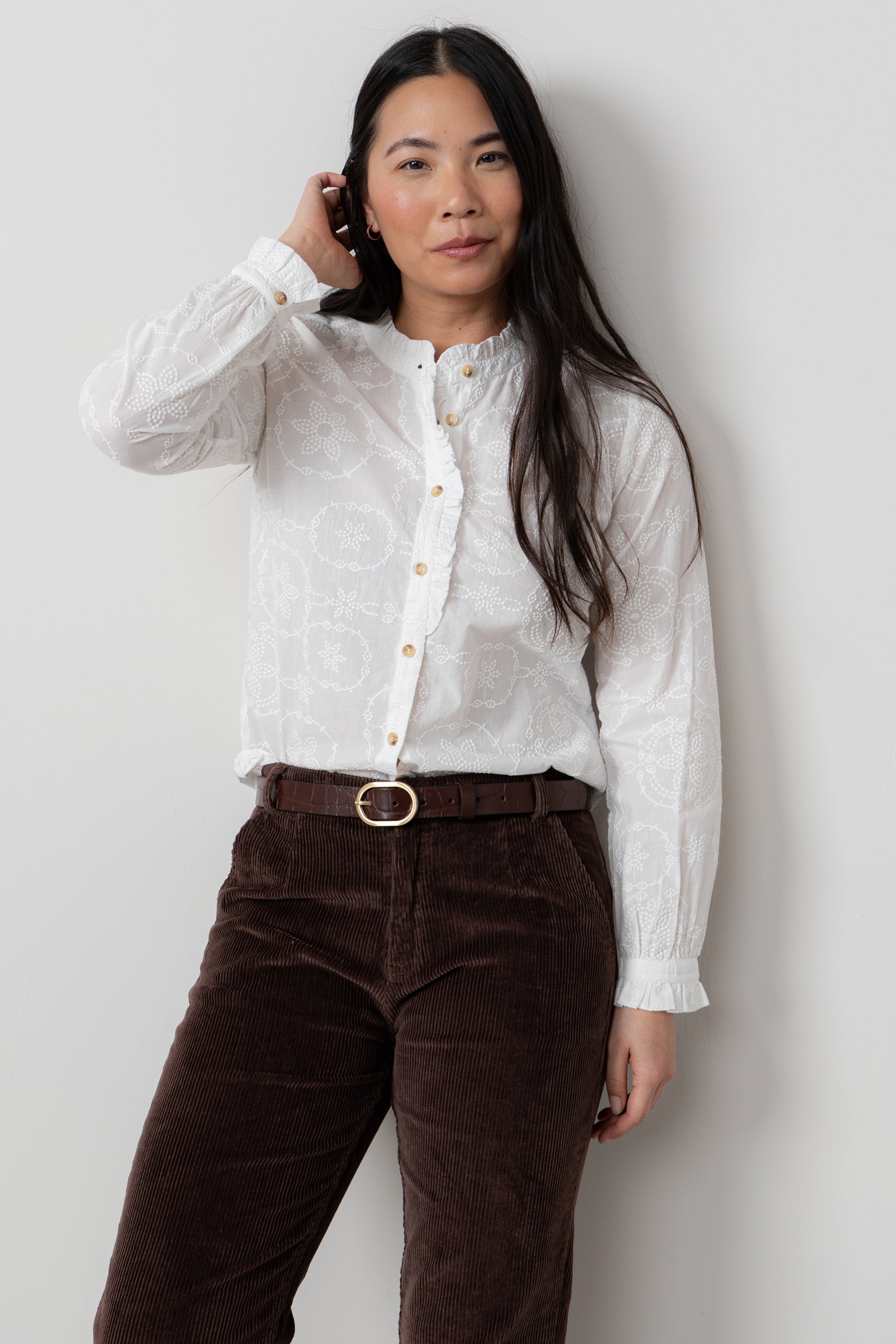 Lily and Me Rachel Frill Blouse Embroidered-Shirts & Tops-White finn
