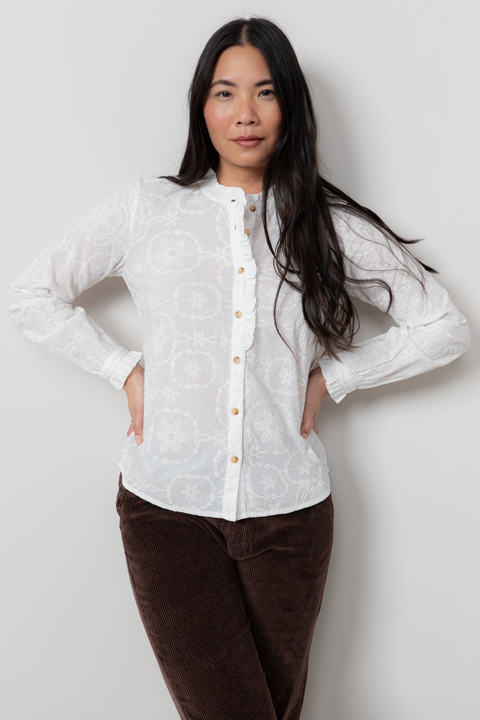 Lily and Me Rachel Frill Blouse Embroidered-Shirts & Tops-White finn
